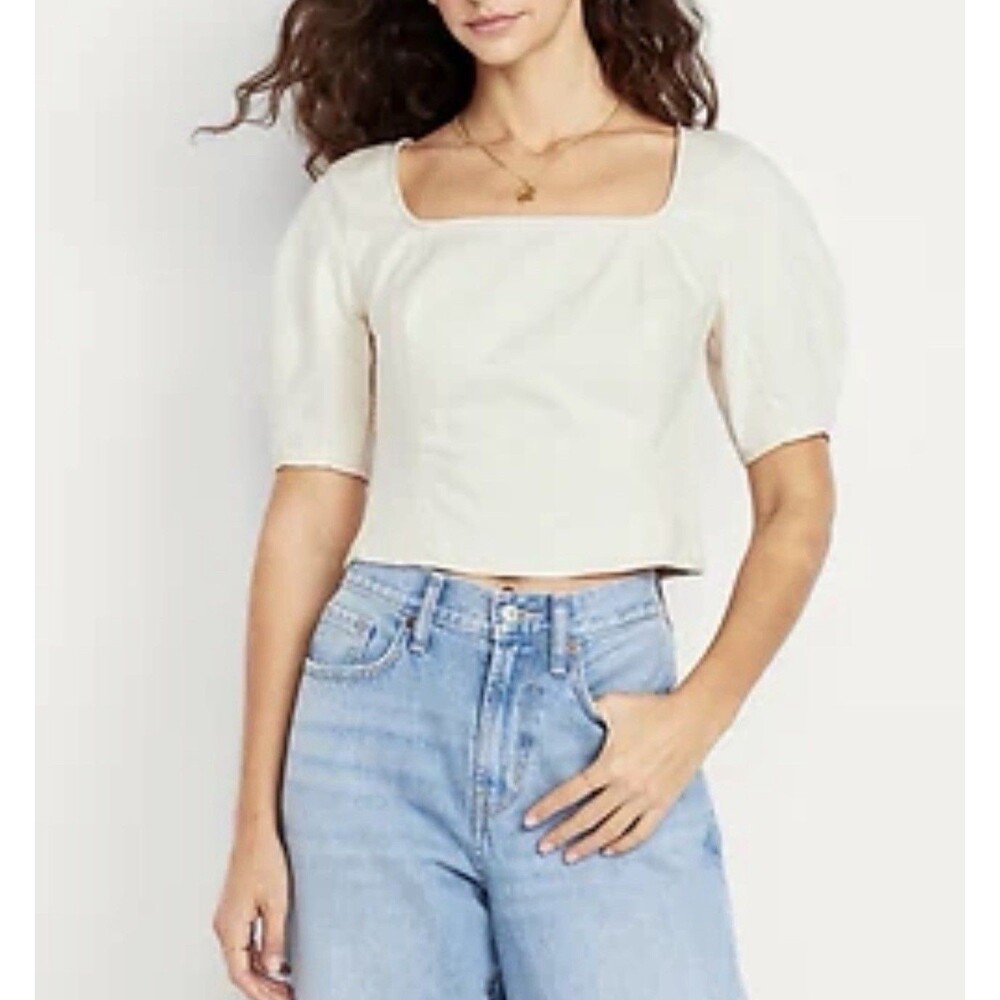 Old Navy Denim Top Ivory Square Neck Crop Cotton Preppy Vacay Large Petite NWT